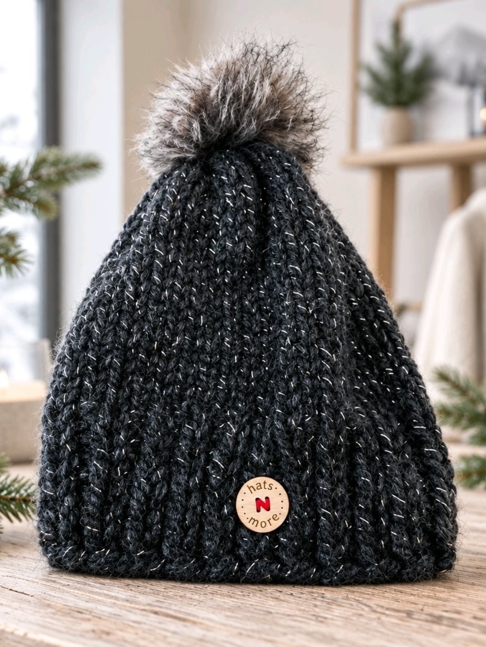 LUXE Hats ’N More Shimmer Knit Faux Fur Pom Beanie Toque - Charcoal/Silver